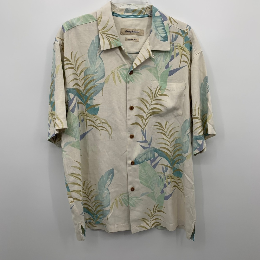 Tommy Bahama Shirt Mens L Cream Silk Green Palm Leaf Tropical Hawaiian Camp
